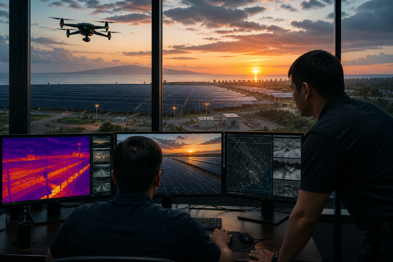 Drone patrol over solar farm